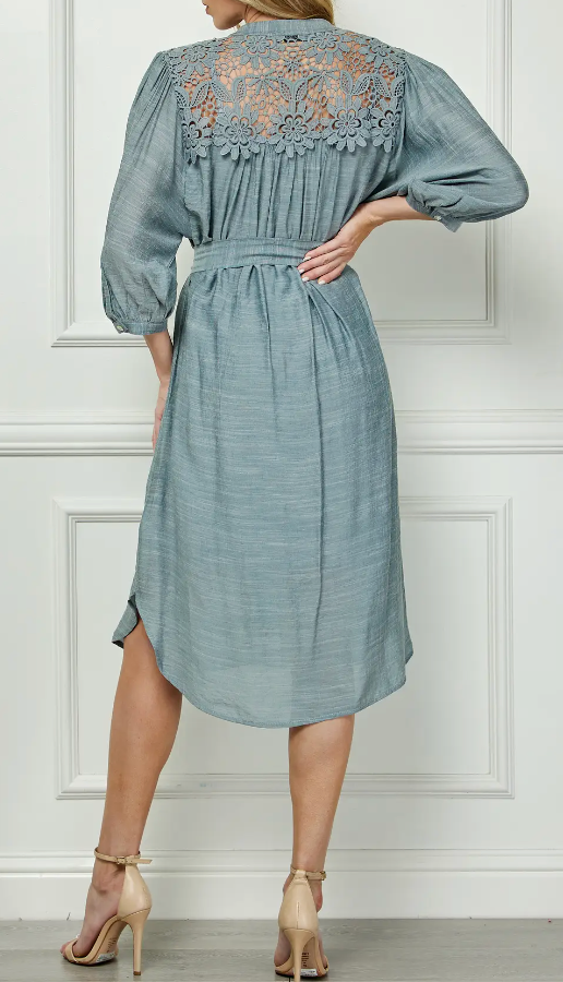 Lace Yoke Dress DUSTY BLUE