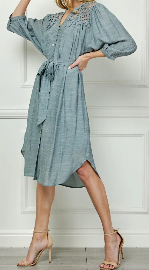 Lace Yoke Dress DUSTY BLUE