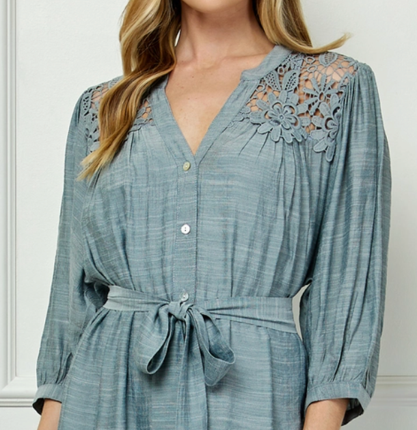 Lace Yoke Dress DUSTY BLUE