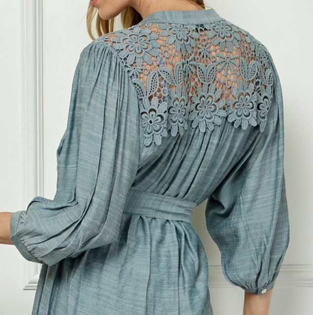 Lace Yoke Dress DUSTY BLUE