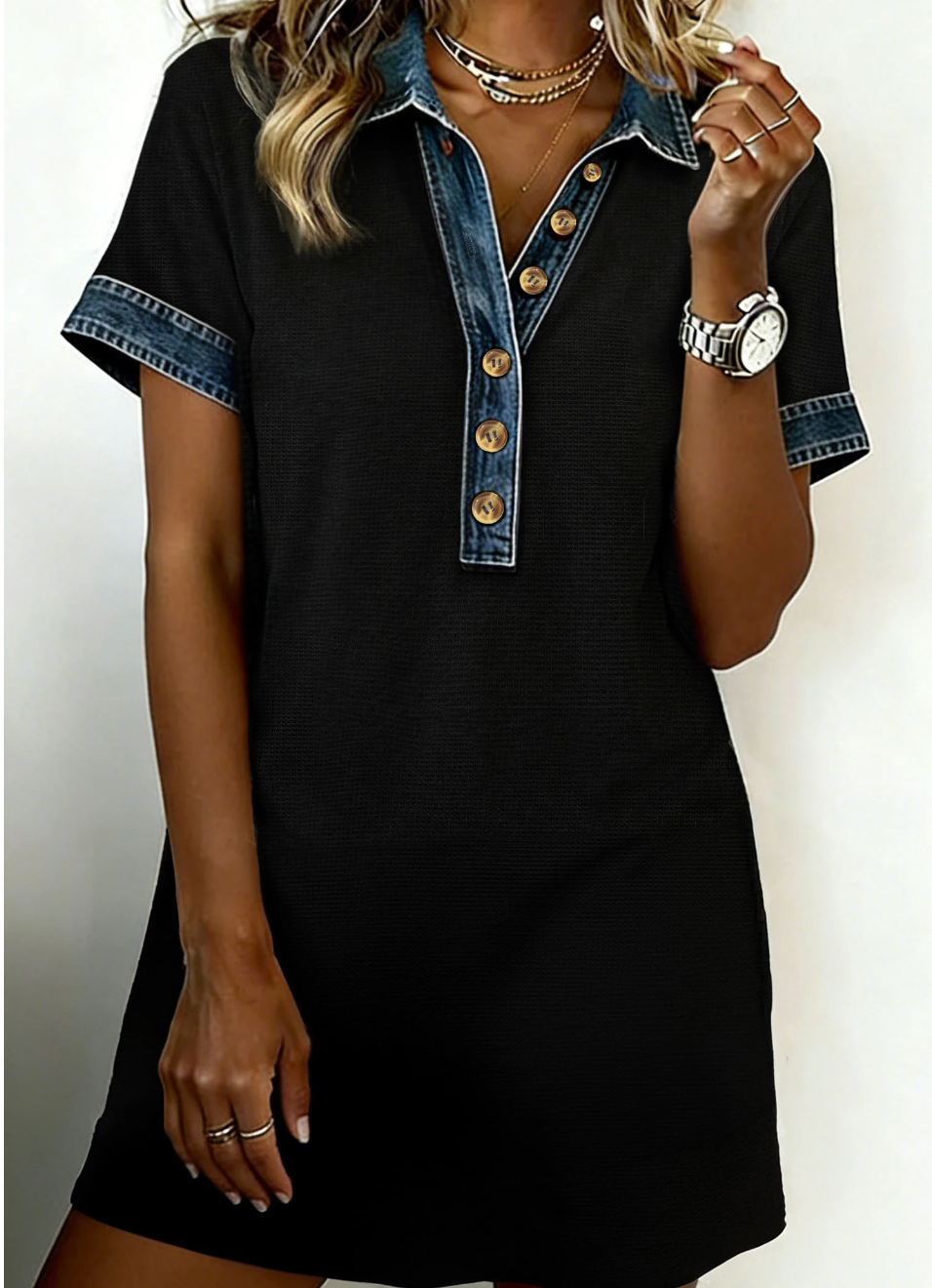 Downtown Denim Trim Tee Dress