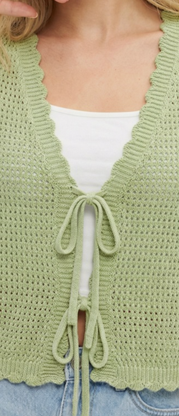 Scalloped Edge Bow Cardigan PISTACHIO