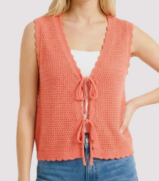 Scalloped Edge Bow Cardigan PAPAYA