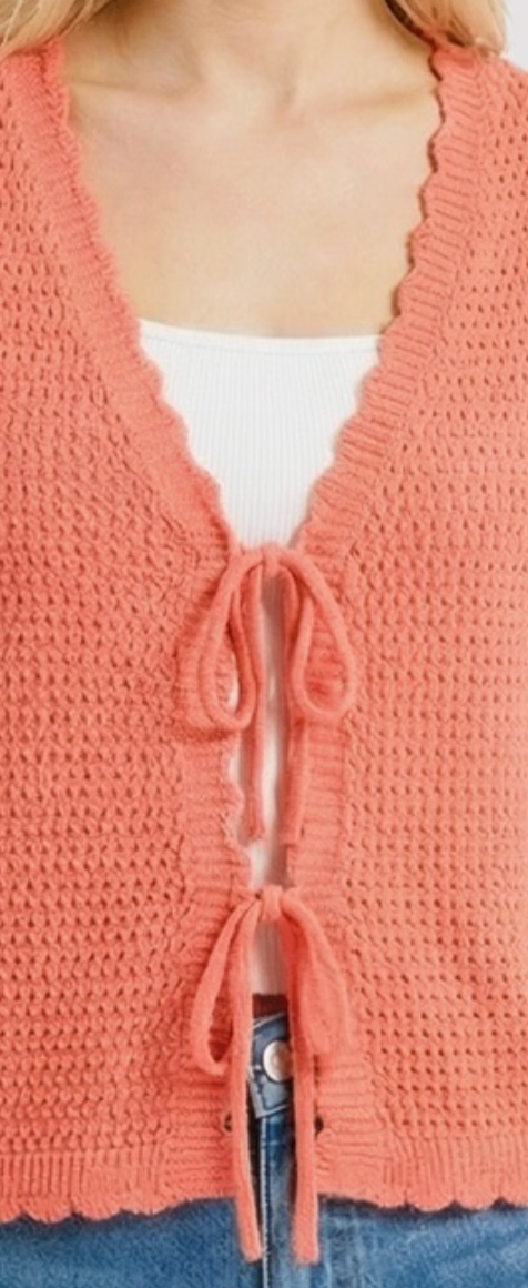Scalloped Edge Bow Cardigan PAPAYA