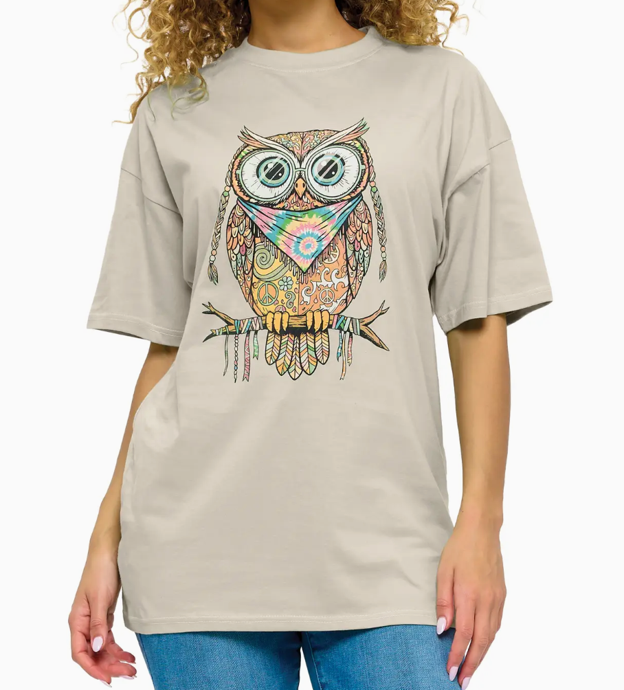 Retro Owl Vibes Tee BEIGE
