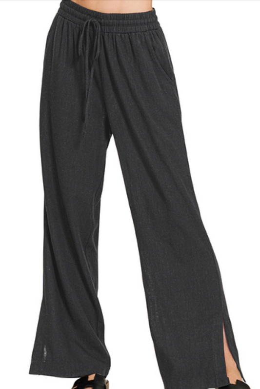 Linen Blend Drawstring Wide Leg 29" BLACK