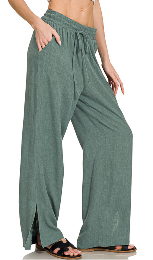 Linen Blend Drawstring Wide Leg 29" JADE
