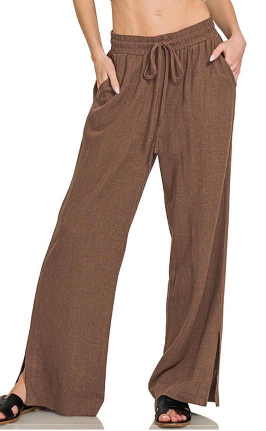 Linen Blend Drawstring Wide Leg 29" BROWN