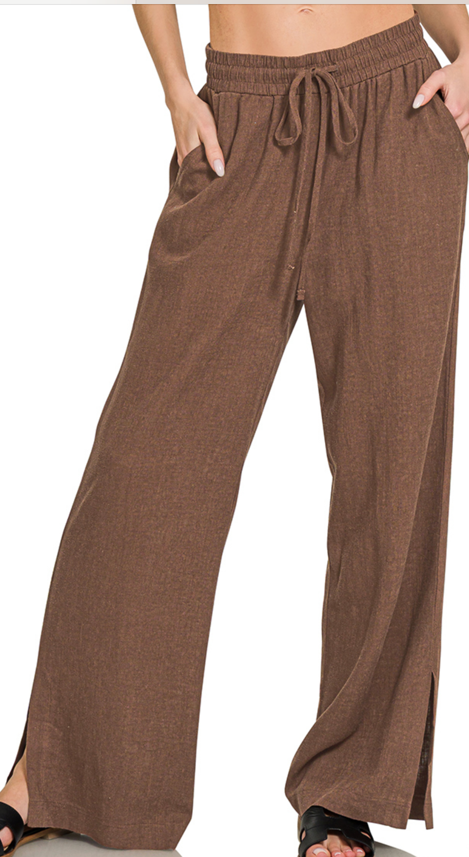 Linen Blend Drawstring Wide Leg 29" BROWN