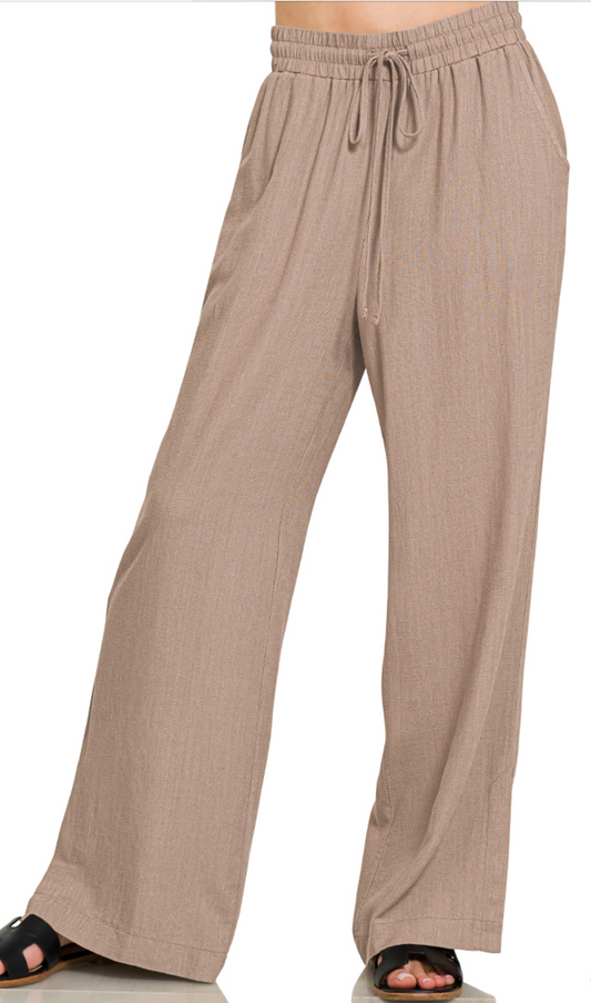 Linen Blend Drawstring Wide Leg 29" COCOA