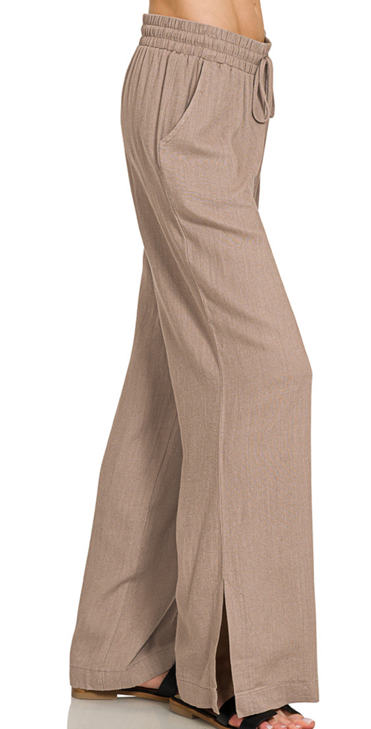 Linen Blend Drawstring Wide Leg 29" COCOA
