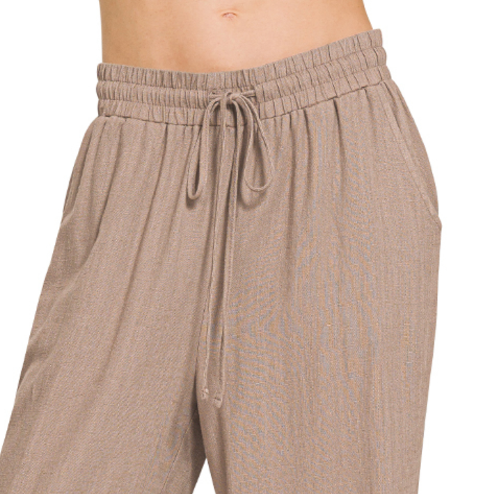 Linen Blend Drawstring Wide Leg 29" COCOA