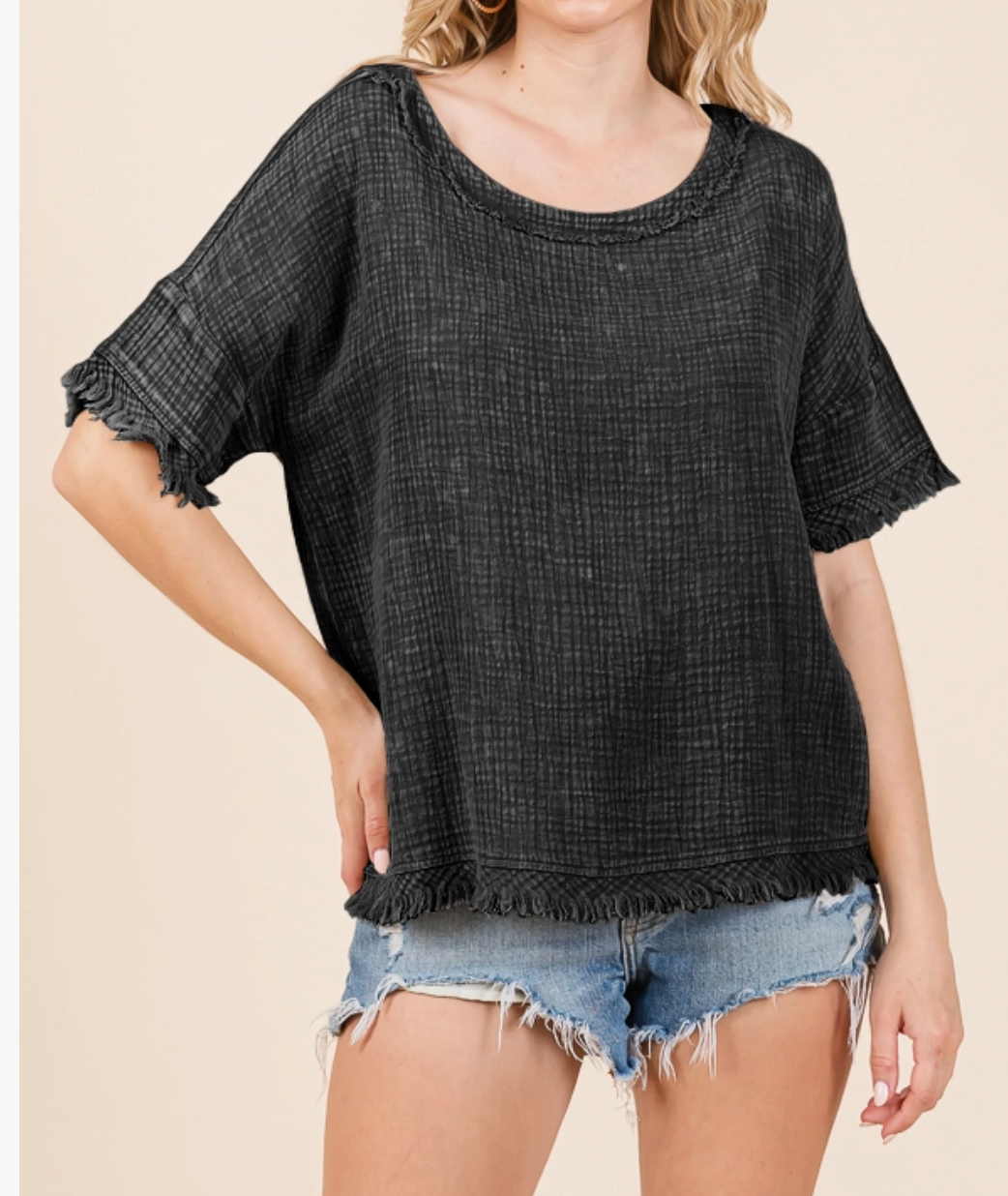 Easy Days Frayed Blouse BLACK