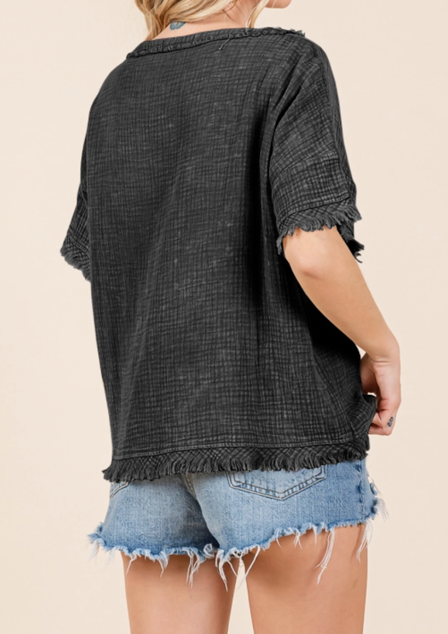 Easy Days Frayed Blouse BLACK
