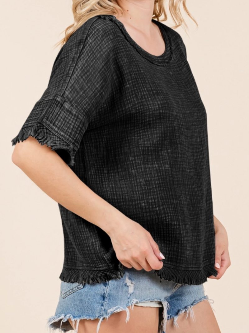 Easy Days Frayed Blouse BLACK