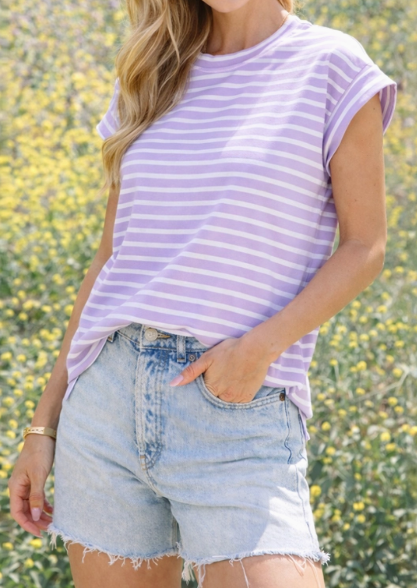 Cottage Stripe Cap Sleeve Top LILAC