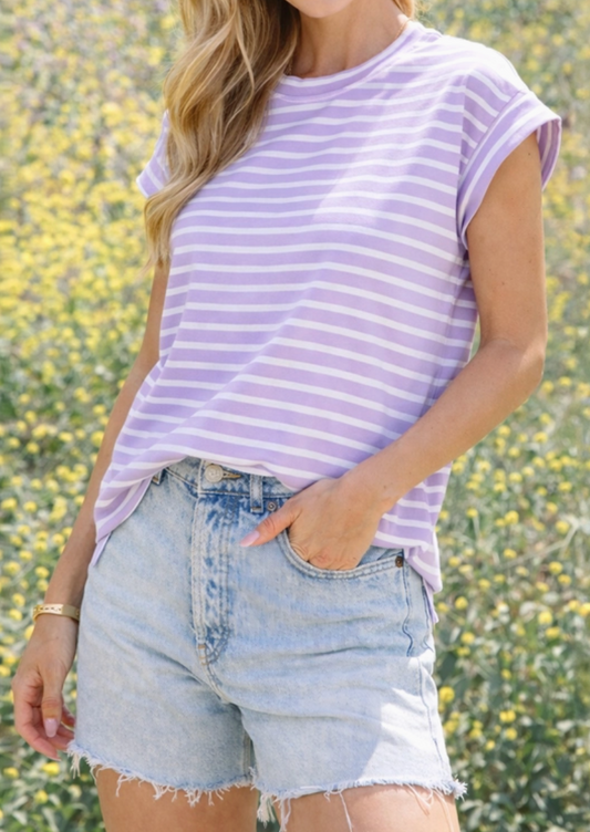 Cottage Stripe Cap Sleeve Top LILAC