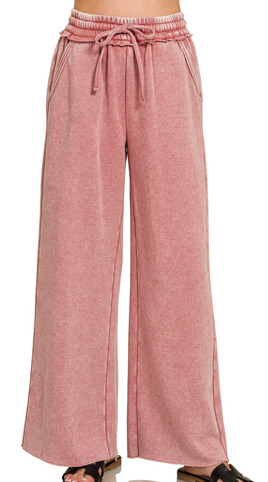 Acid Wash Palazzo Pants 30" DK ROSE