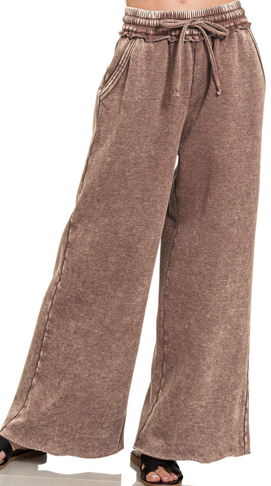 Acid Wash Palazzo Pants 30" BROWN