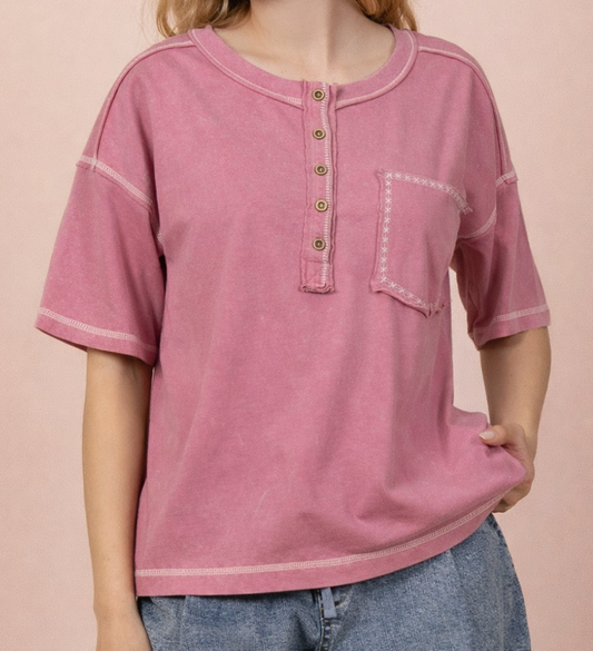 Mineral Washed Henley Top MAUVE