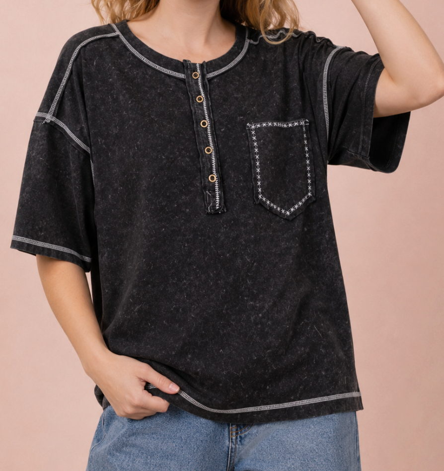 Mineral Washed Henley Top BLACK