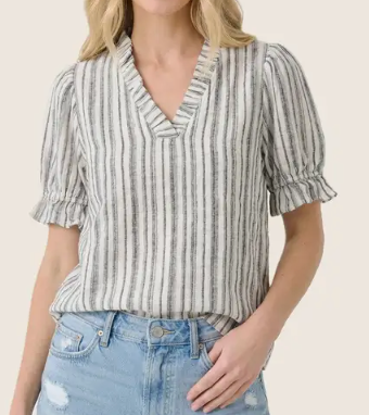 Softly Striped Ruffle Top WHITE