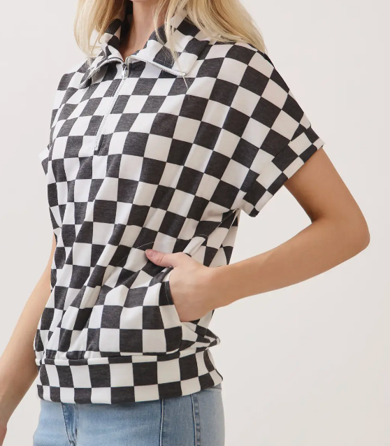 Checkered Victory Half~Zip  B&W