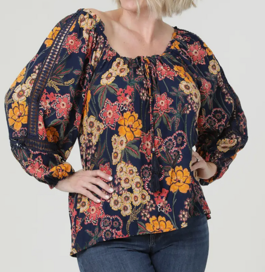 Harvest Moon Floral Peasant Top NAVY