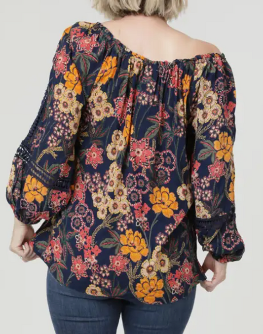 Harvest Moon Floral Peasant Top NAVY