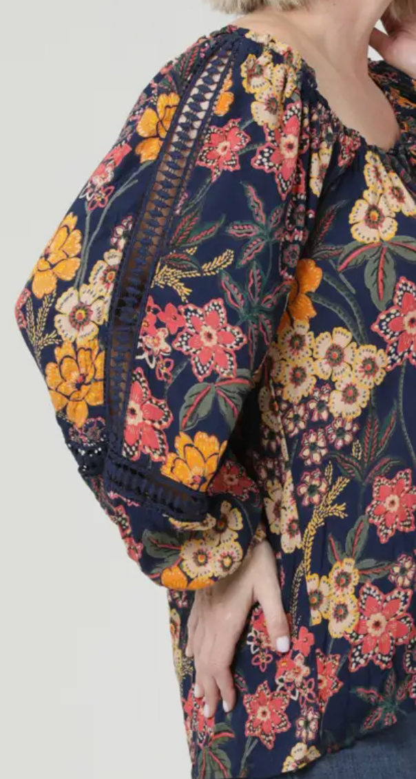 Harvest Moon Floral Peasant Top NAVY