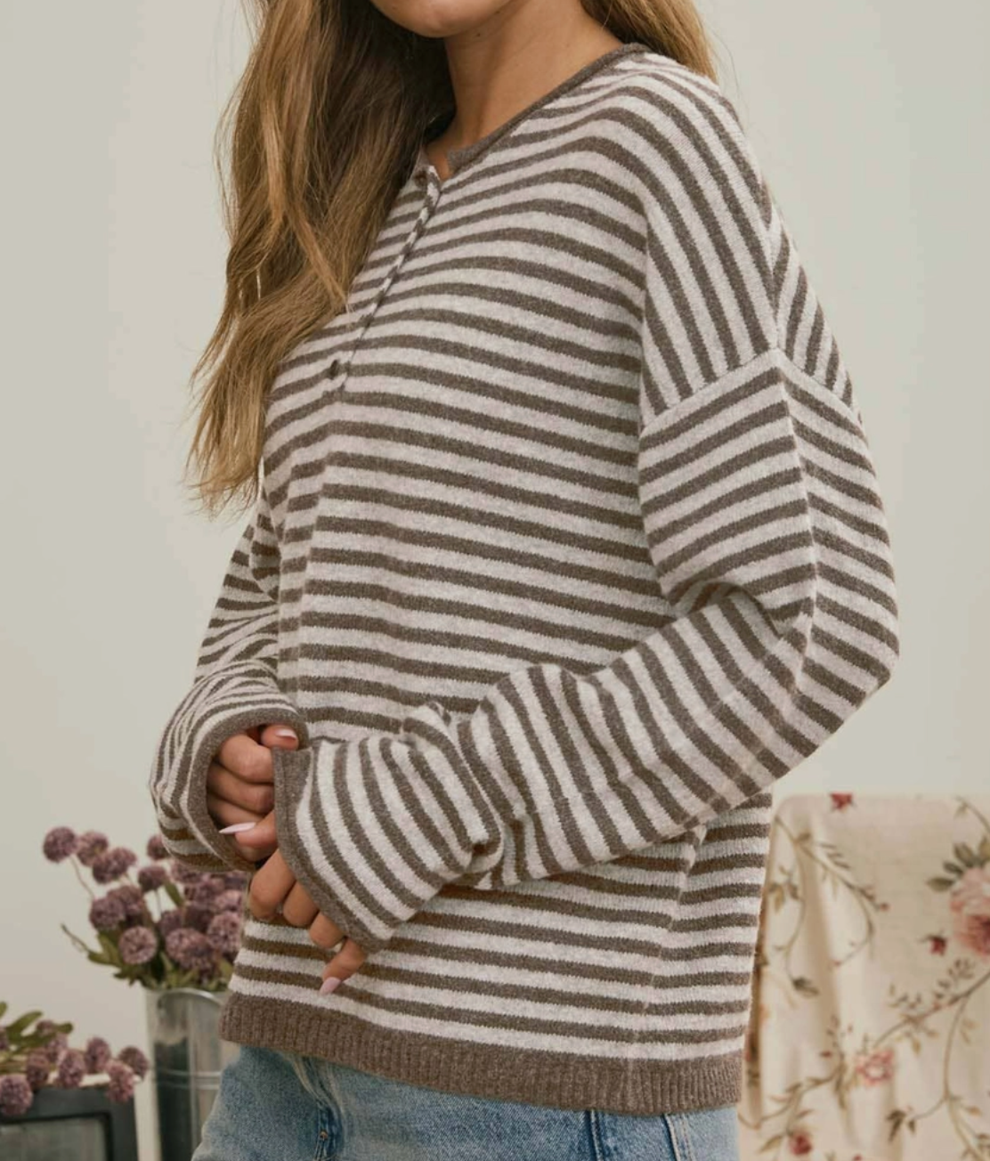 Lennox Stripe Henley COCOA