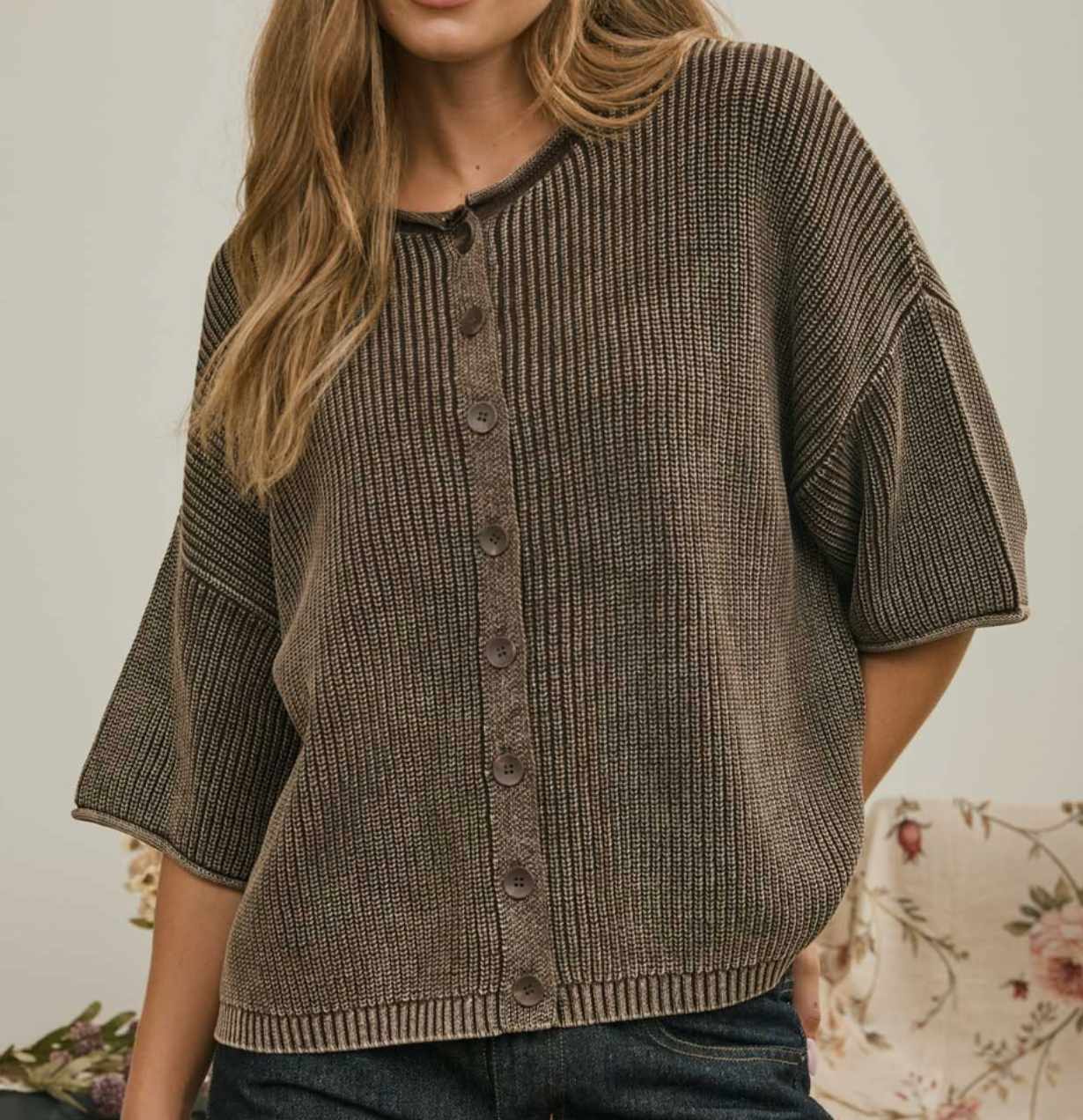 Vintage Wash Cardi Sweater CHOCOLATE