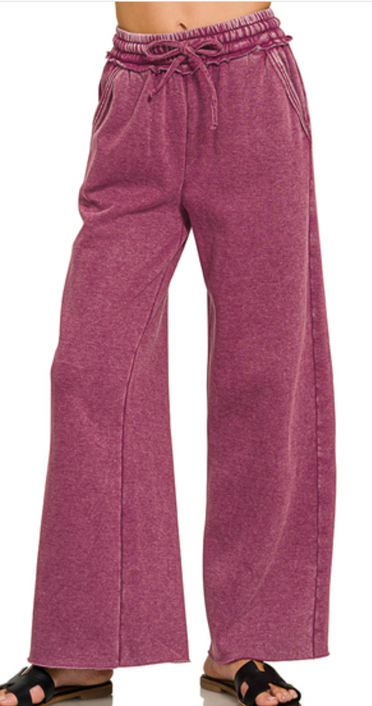 Acid Wash Palazzo Pants 30" WINE