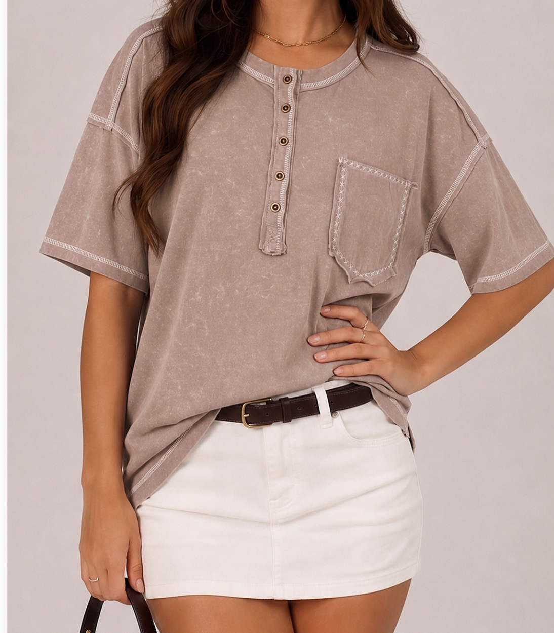 Mineral Washed Henley Top MOCHA