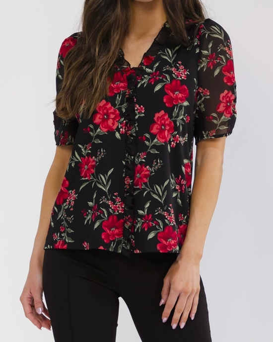 Midnight Rose Ruffle Blouse BLACK