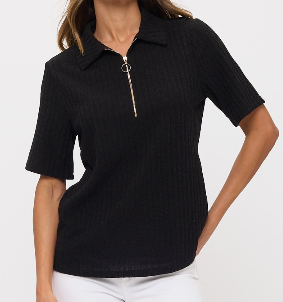 Zip It Up Ribbed Top BLACK