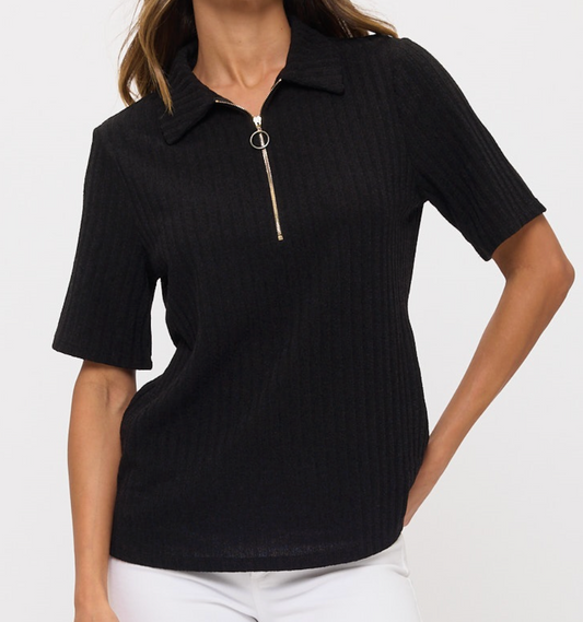 Zip It Up Ribbed Top BLACK