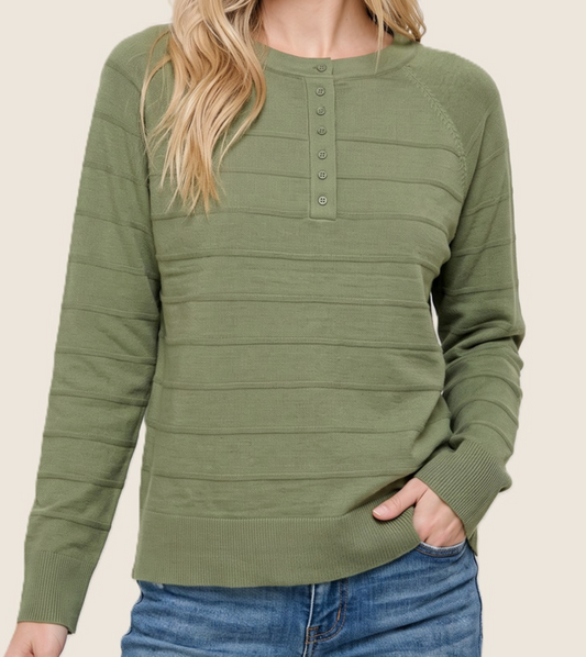 Simply Textured Henley Sweater OLIVE
