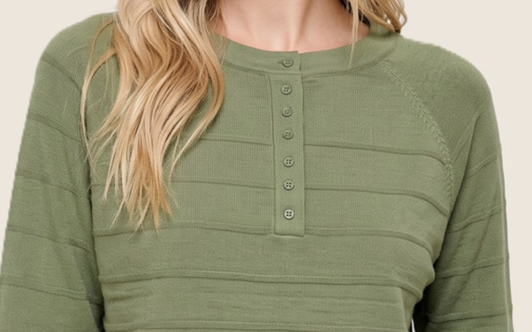 Simply Textured Henley Sweater OLIVE