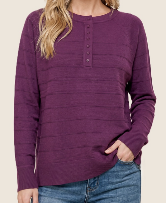 Simply Textured Henley Sweater PLUM