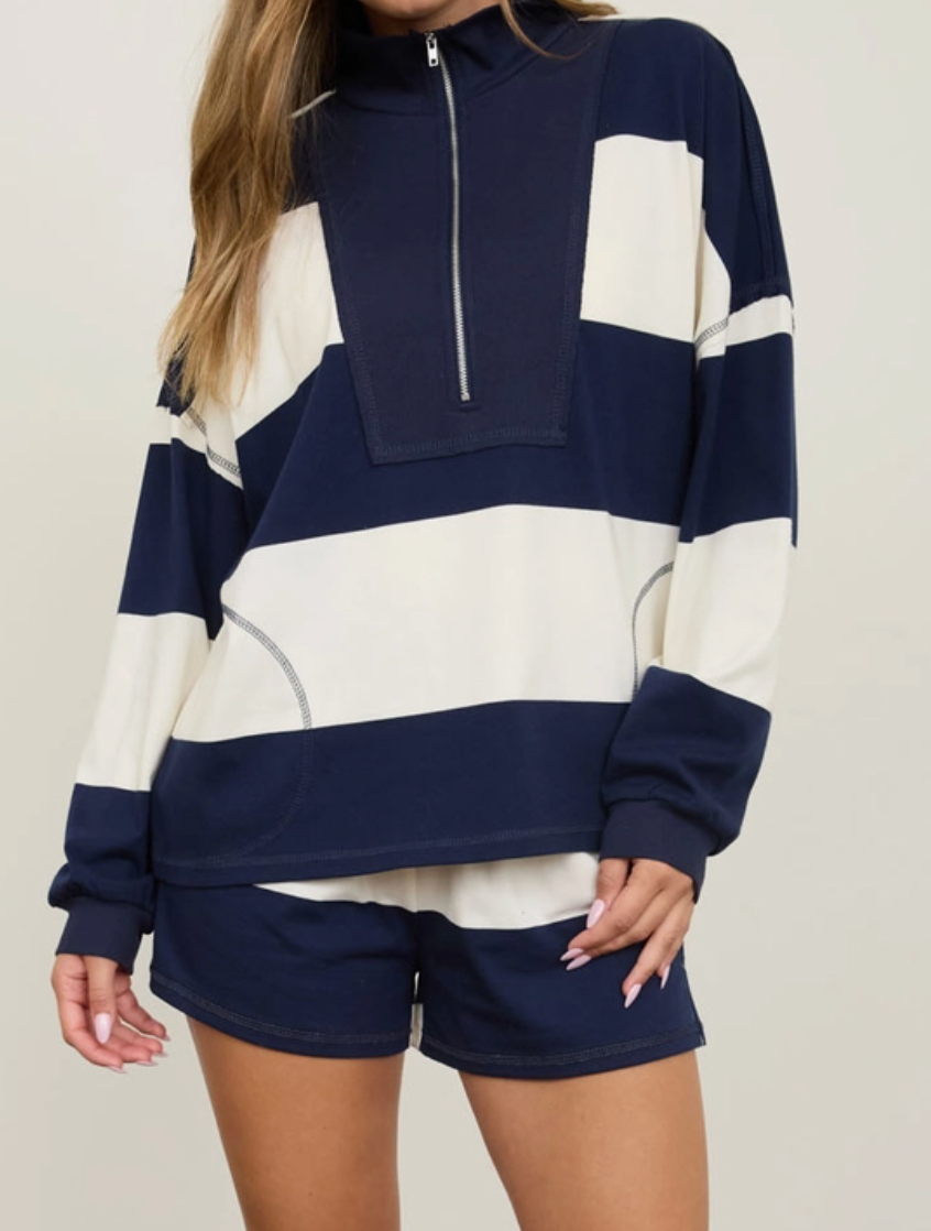 Harbor Stripe Mock Neck Pullover NAVY