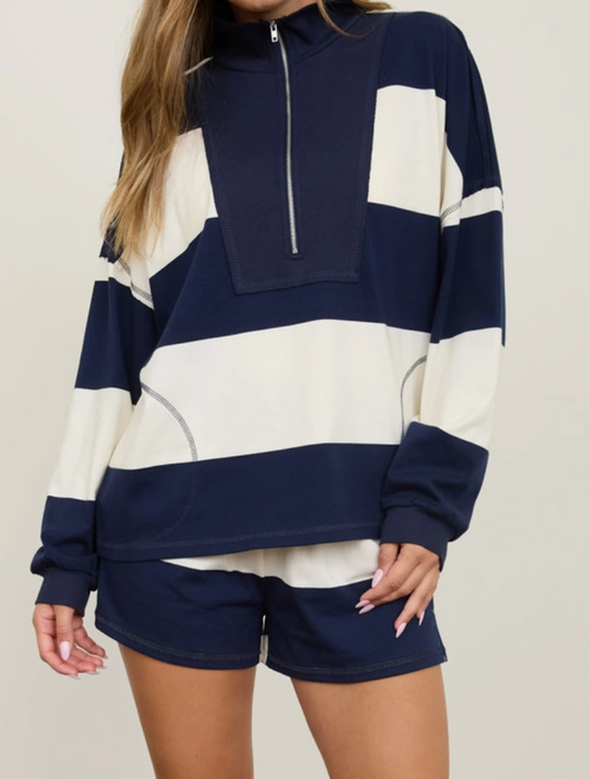 Harbor Stripe Mock Neck Pullover NAVY