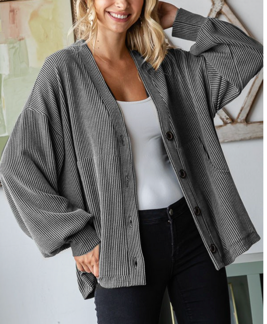 Slow Mornings Ribbed Cardigan CHARCOAL