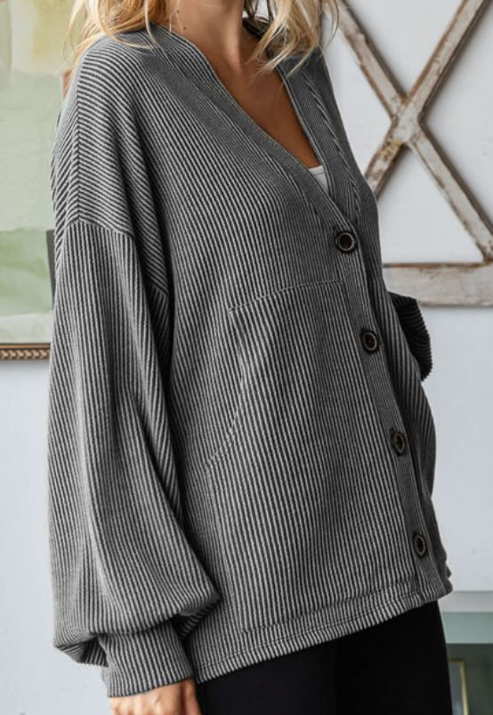 Slow Mornings Ribbed Cardigan CHARCOAL