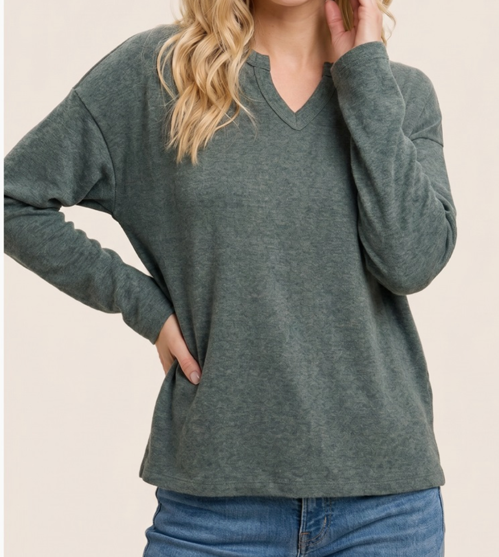 Cozy Brushed Split Neck Top PINE