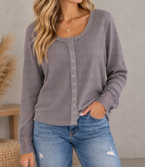 Lace & Layers Ribbed Top GRAY