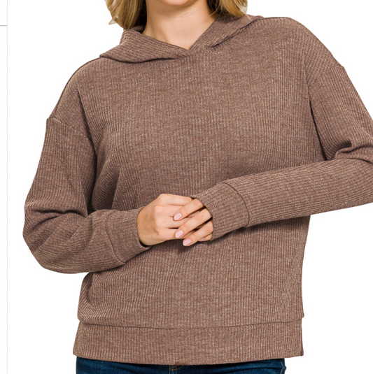 Ribbed Hoodie Pullover BROWN