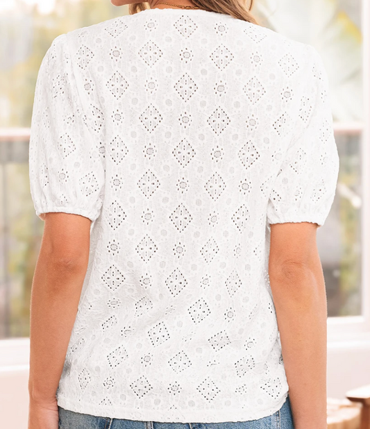 Lace Puff Sleeve Button Up WHITE