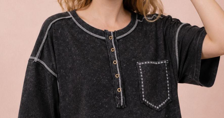 Mineral Washed Henley Top BLACK
