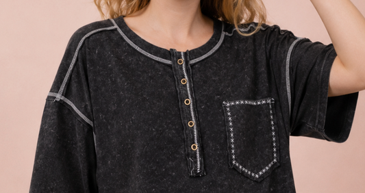 Mineral Washed Henley Top BLACK